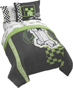 Jay Franco Minecraft Creeper Twin Comforter Set - 5 Piece Bedding Includes Sheet Set & Pillow Covers - Super Soft Gren & Gray Bedding