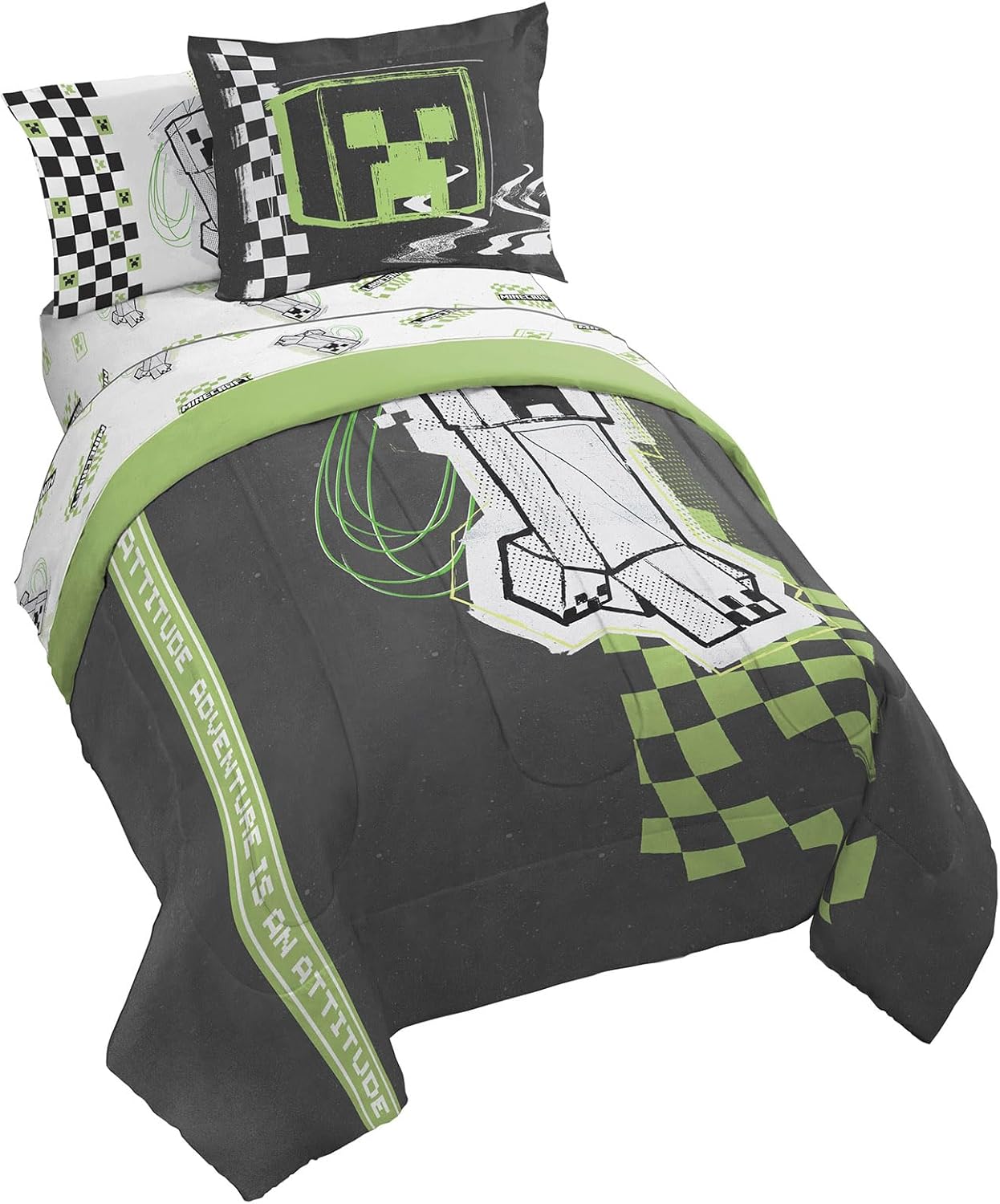 Jay Franco Minecraft Creeper Twin Comforter Set - 5 Piece Bedding Includes Sheet Set & Pillow Covers - Super Soft Gren & Gray Bedding