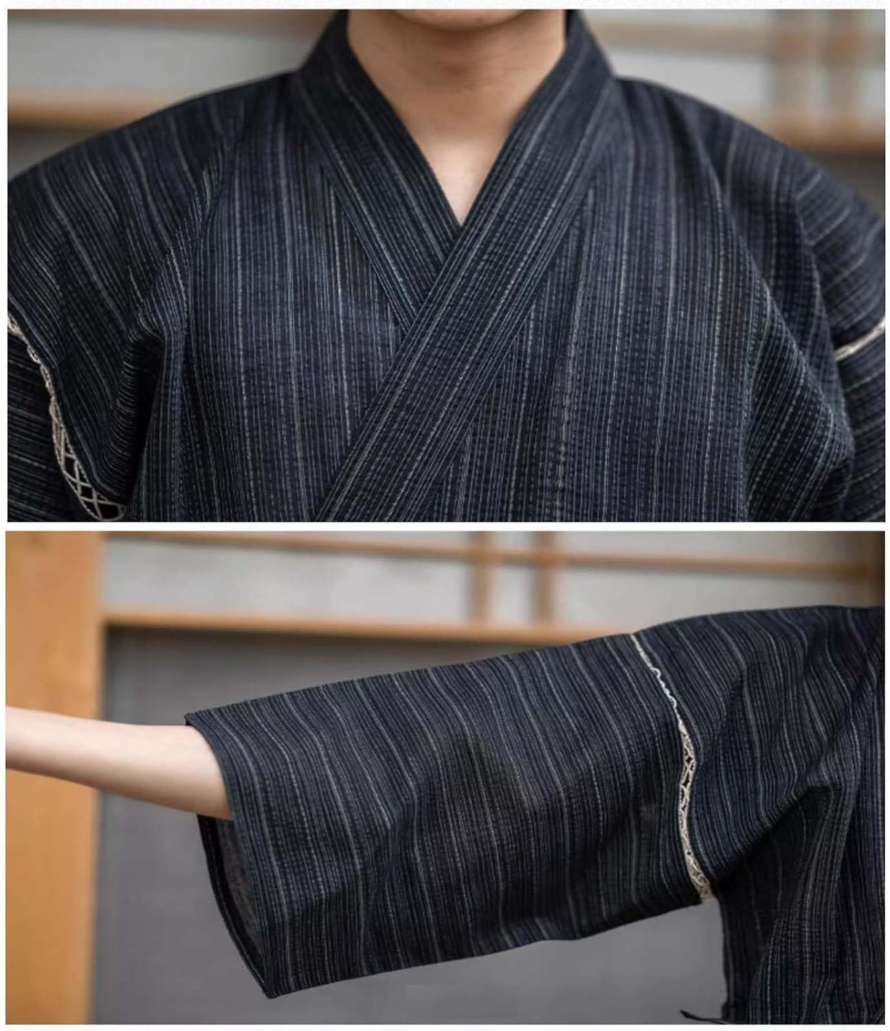 Men's Kimono Japanese Jinbei Shirt and Pant Cotton Linen Loungewear Lounge Set Spa Bathrobe, Style 5 Multicolor