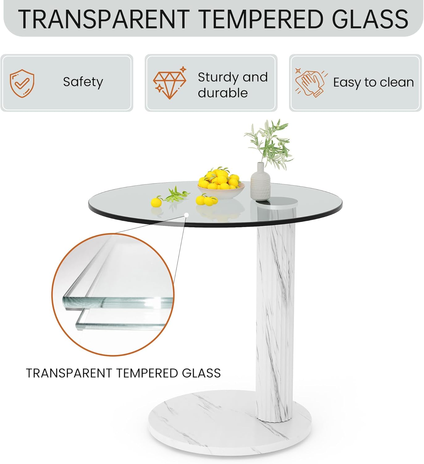 Hooseng Glass Round Coffee Table End Table, 22-Inch Modern Tempered Transparent Glass Top,Perfect for Living Room,Cafe,Home,and Office(White)