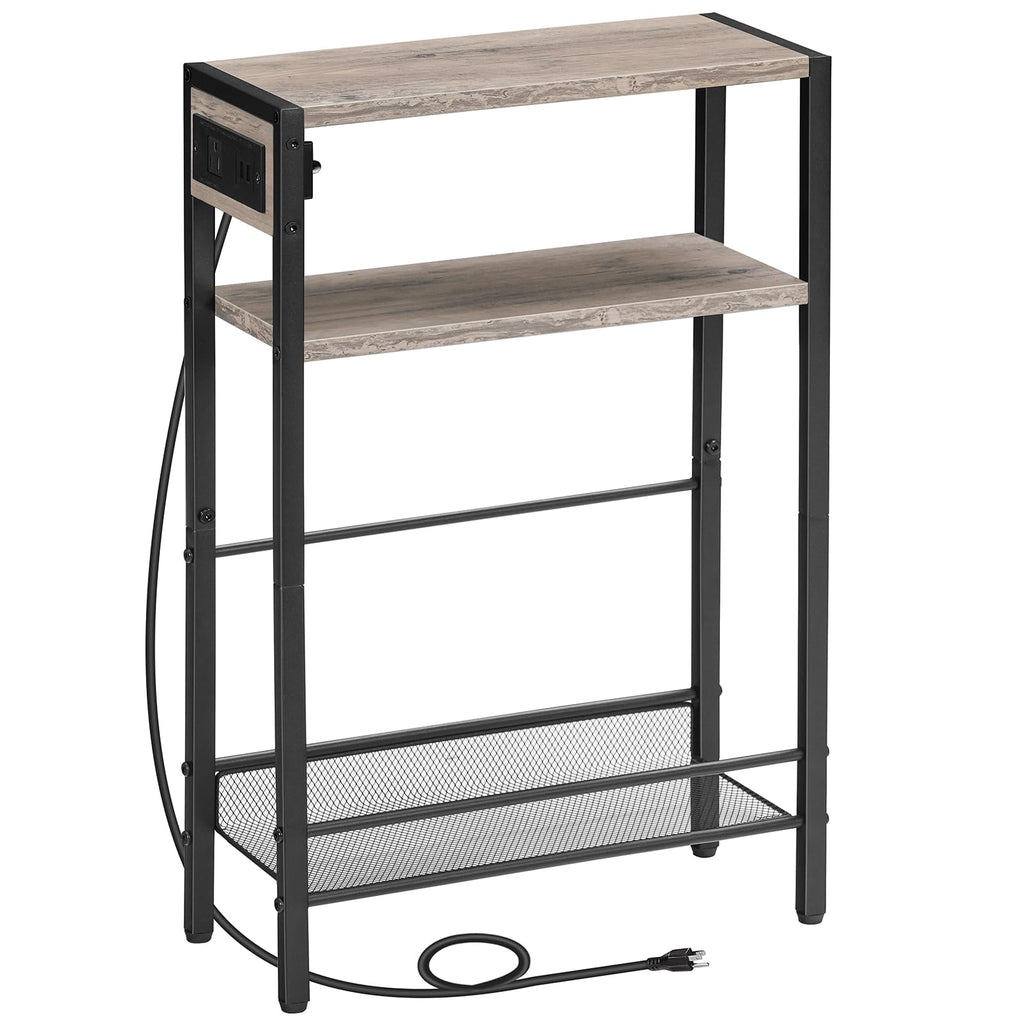 HOOBRO Small Narrow Side Table with Charging Station, Skinny End Table for Small Spaces, Slim Nightstand with USB Ports Outlet, Sofa Beside Table with Storage Shelf, Rustic Brown and Black BF102UBZ01