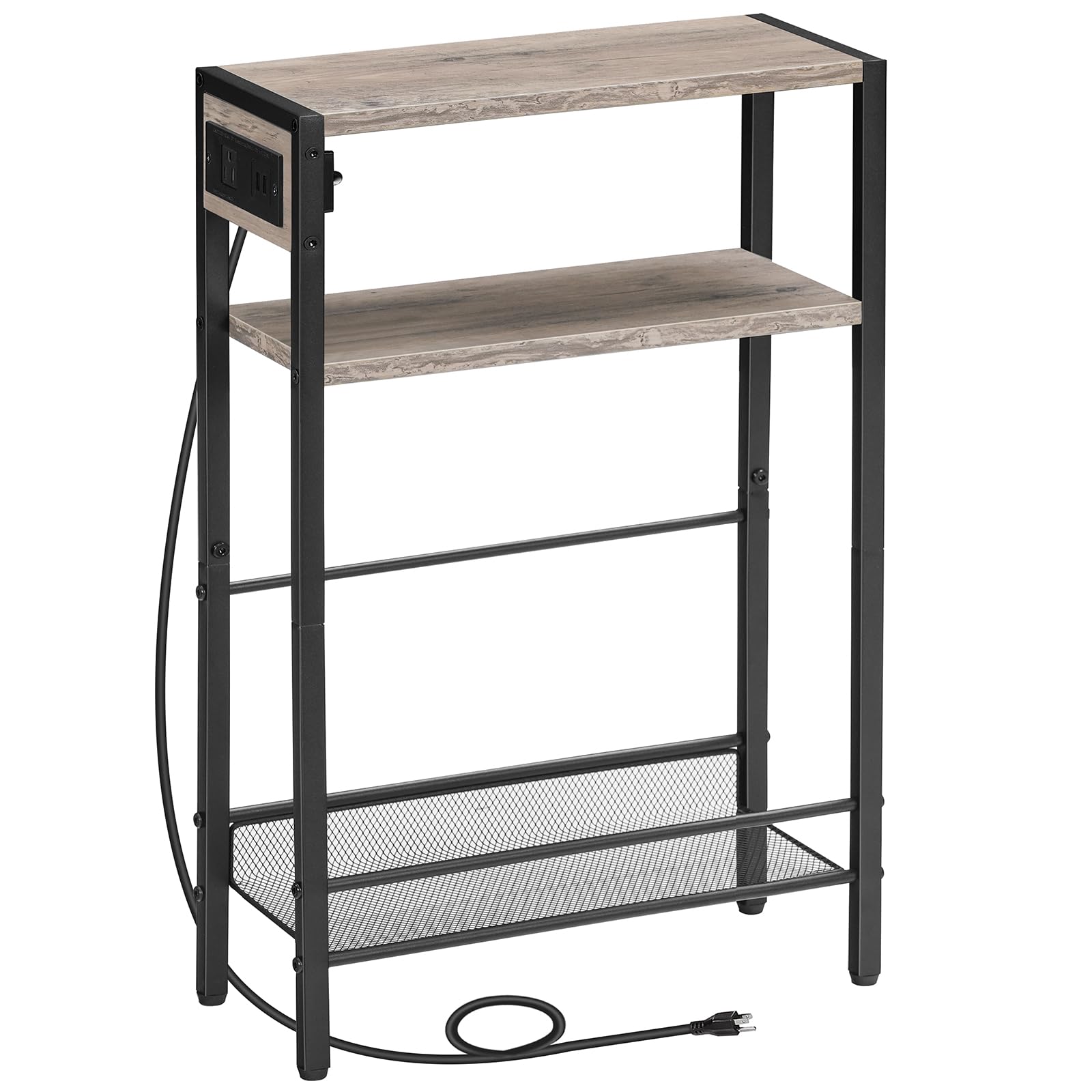 HOOBRO Small Narrow Side Table with Charging Station, Skinny End Table for Small Spaces, Slim Nightstand with USB Ports Outlet, Sofa Beside Table with Storage Shelf, Rustic Brown and Black BF102UBZ01