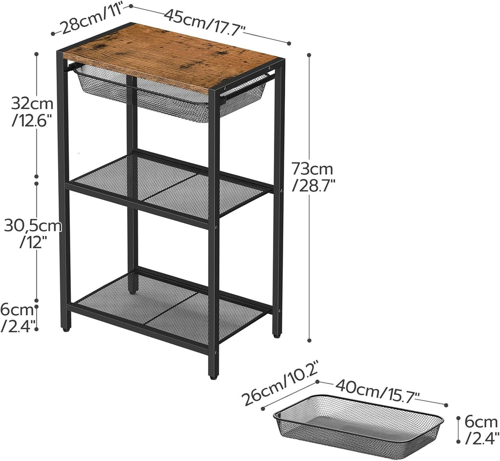 HOOBRO 28.7 Inch Tall Side Table, 3-Tier Industrial Telephone End Table with Adjustable Metal Mesh Basket, Desk Side Table with Storage Shelves, for Living Room, Bedroom, Rustic Brown BF06DH01