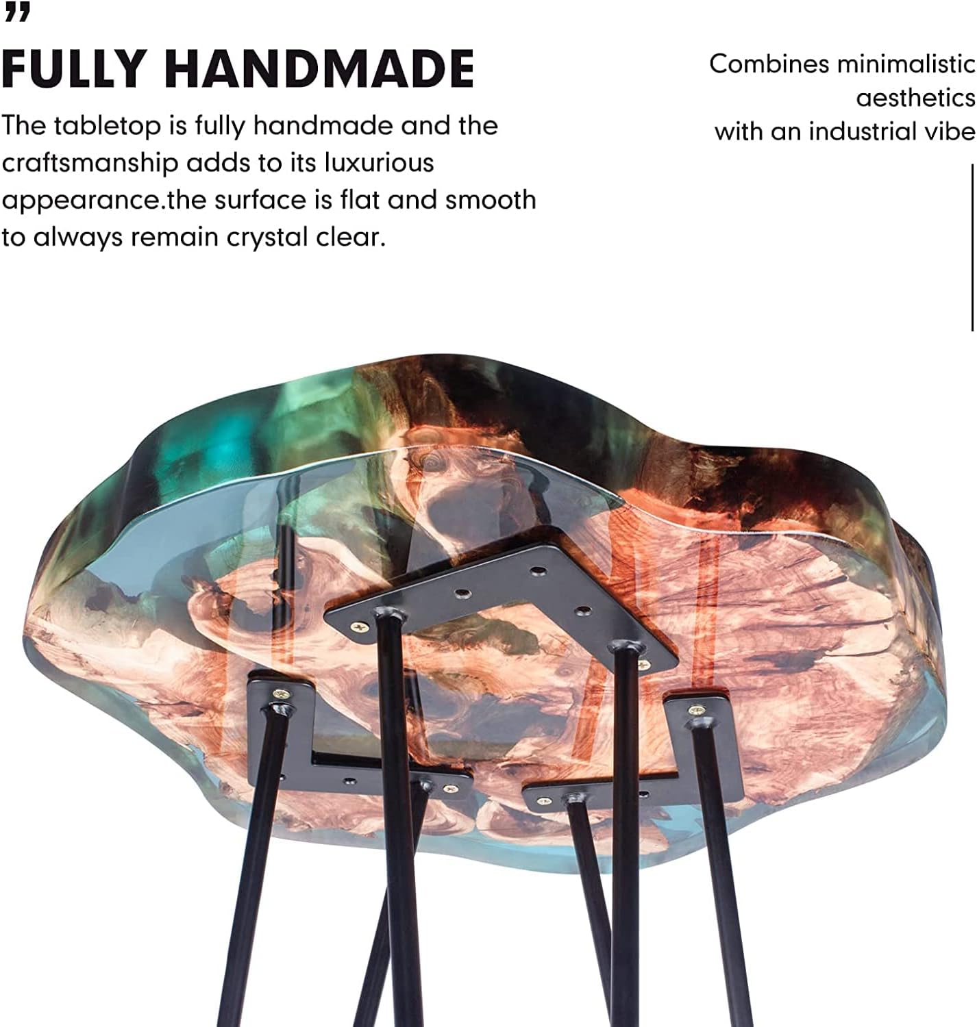 Crystal Clear Epoxy Resin Natural Edge Wood end Table, Wood Resin Side Table Hand Made Craft Coffee Table with Hairpin legs-20 inch Tall (Blue)