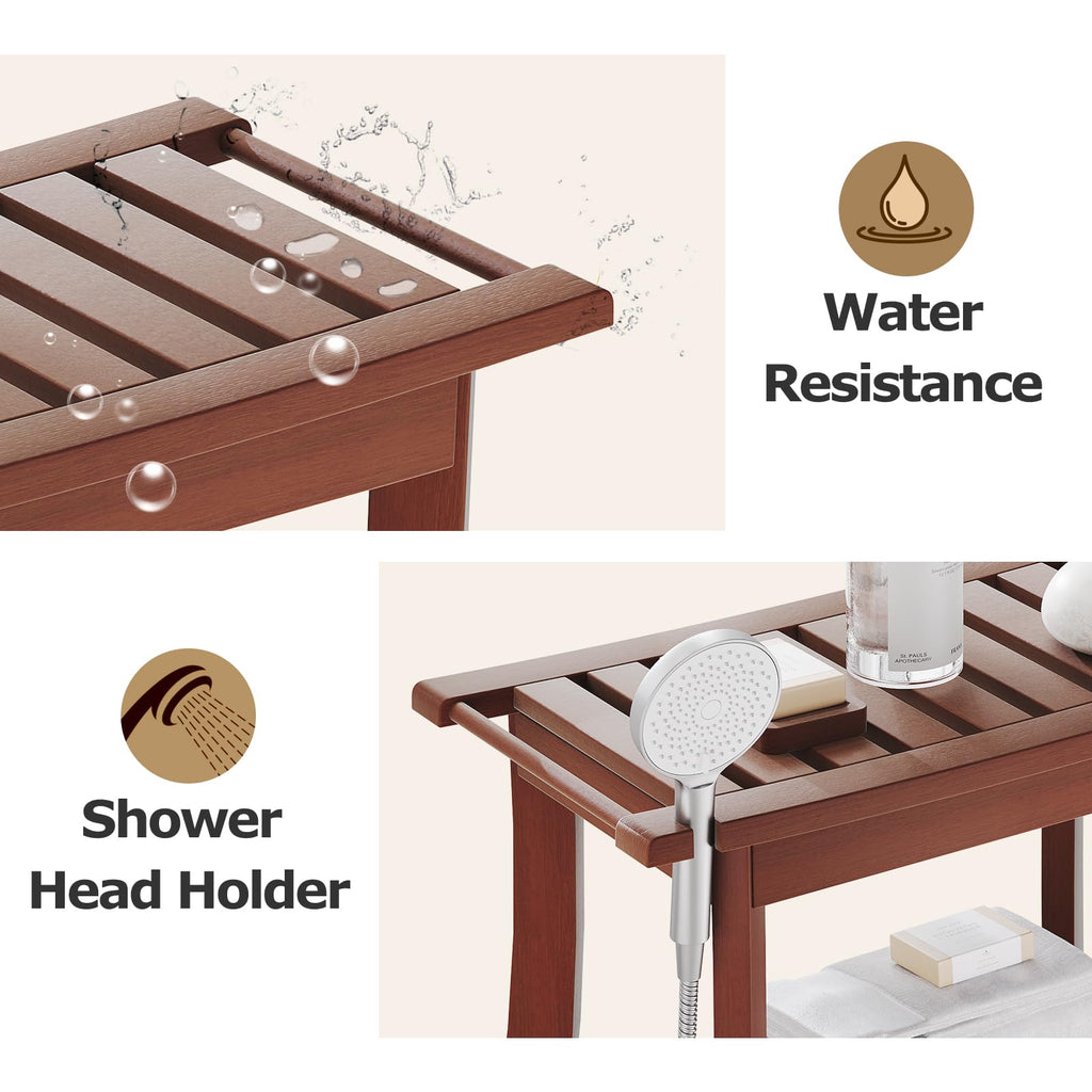 Homman Teak Shower Bench, 24 Inch Teak Shower Stool 300lbs Wood Shower Chair Seat with Storage Shelf Towel Rack for Bathroom Indoor and Outdoor Use