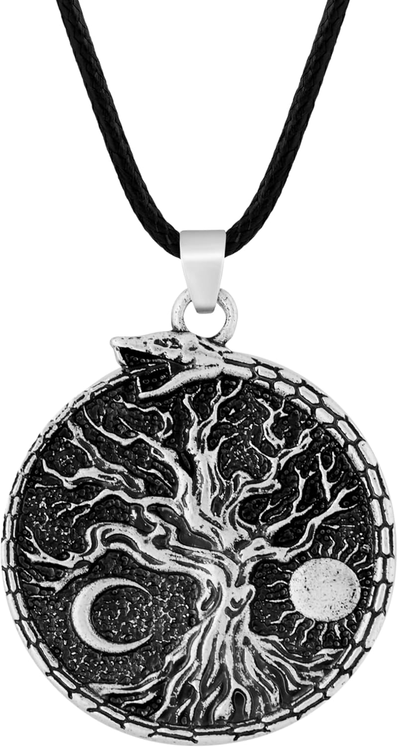 HAQUIL Viking Necklace, Sun Crescent Moon Yggdrasil Ouroboros Jormungandr Midgard Serpent Pendant, Faux Leather Cord, Viking Jewelry Gift