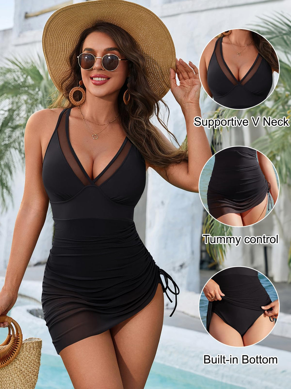 Blooming Jelly Women One Piece Swimsuits Tummy Control Swim Dress Slimming Sexy Sarong Wraps Swim Suits (L, Black) - Grand Goldman
