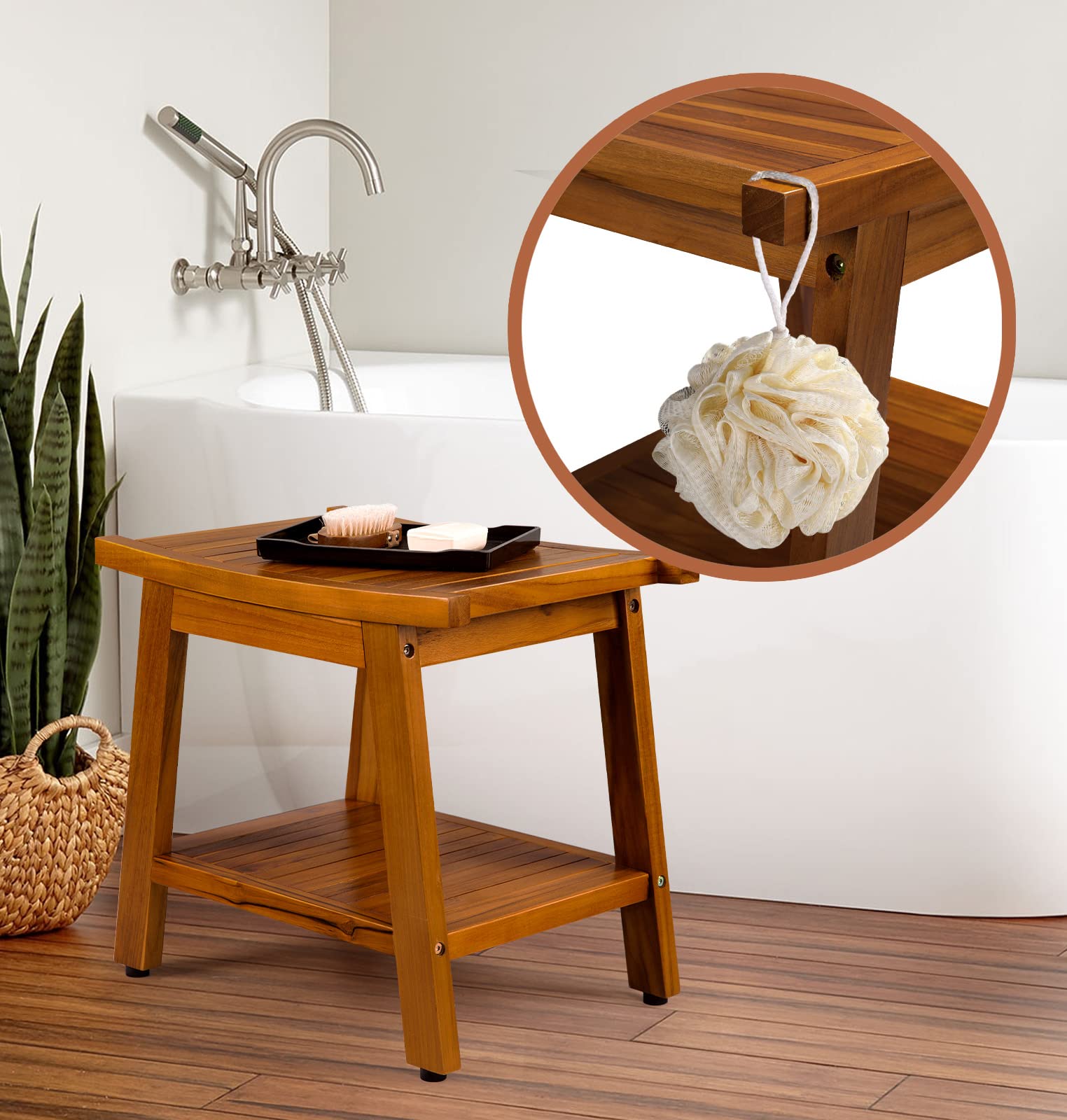 TEAKMAMA 21 Inch Teak Shower Bench with Storage Shelf and Handles, Teak Wood Shower Stool Waterproof Bath Chair for Indoor and Outdoor Use, Bathroom Stools for Adults Sitting
