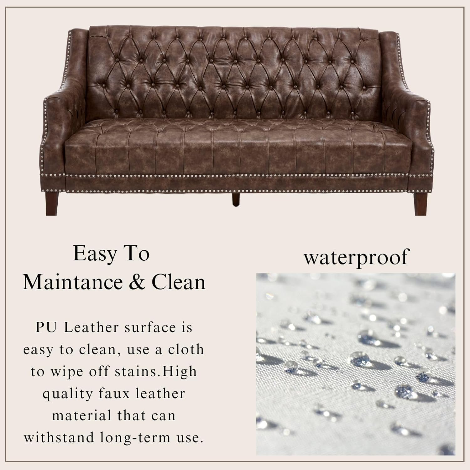 Faux Leather Sofa Couch, Button-Tufted 3-Seater Sofa with Armrest & Deep Seat, 74" Vintage Chesterfield Style Upholstered Loveseat Sofa for Living Room/Home Lounge Apartment, Deep Brown