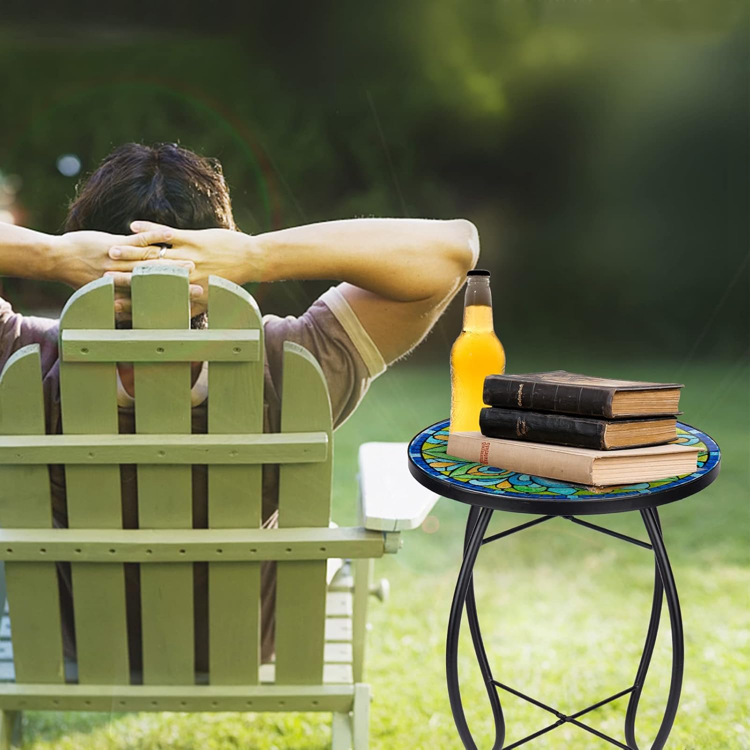 VCUTEKA Patio Side Table Outdoor Accent Table Bistro Coffee Table Plant End Table Small Porch Table Indoor Round Glass Balcony Plant Table Stands Peacock