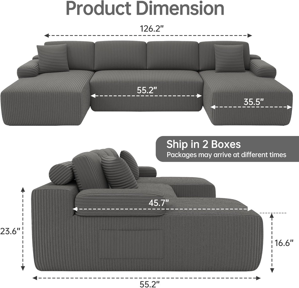 DURASPACE Cloud Sectional Couches for Living Room, Modular U-Shaped Sofa with Deep Seat, Corduroy Sleeper Sofa Bed with Memory Foam, No Assembly Required (Gray)