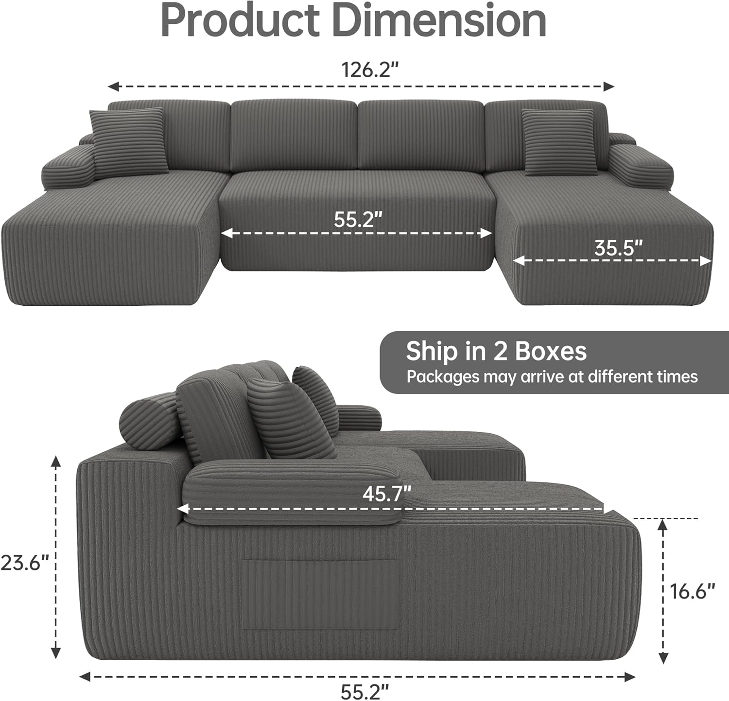 DURASPACE Cloud Sectional Couches for Living Room, Modular U-Shaped Sofa with Deep Seat, Corduroy Sleeper Sofa Bed with Memory Foam, No Assembly Required (Gray)