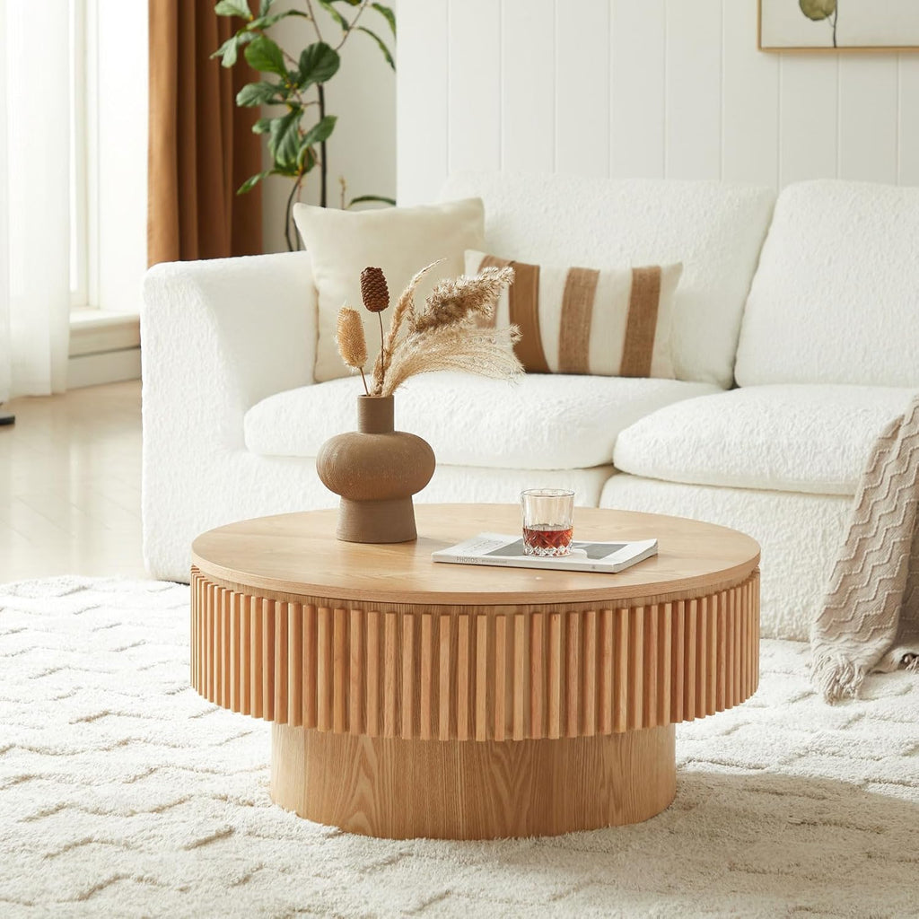 LKTART Round Coffee Table for Living Room, Accent Fluted Drum Coffee Table with Storage, Modern Solid Wood Veneered Circle Center Tea Table for Small Space Apartment (31.5''D×14''H-Natural)