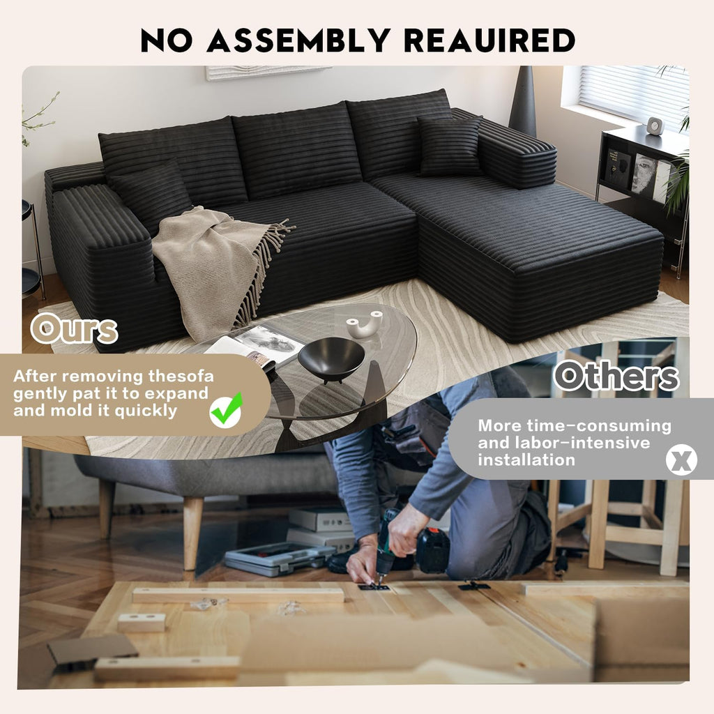 107.5" Cloud Sectional Couch with L-Shape Chaise,Modern Modular Sofa with Deep Seat, Upholstered Couches for Living Room Bedroom Apartments,No Assembly Required, (Black,Right Facing Chaise)