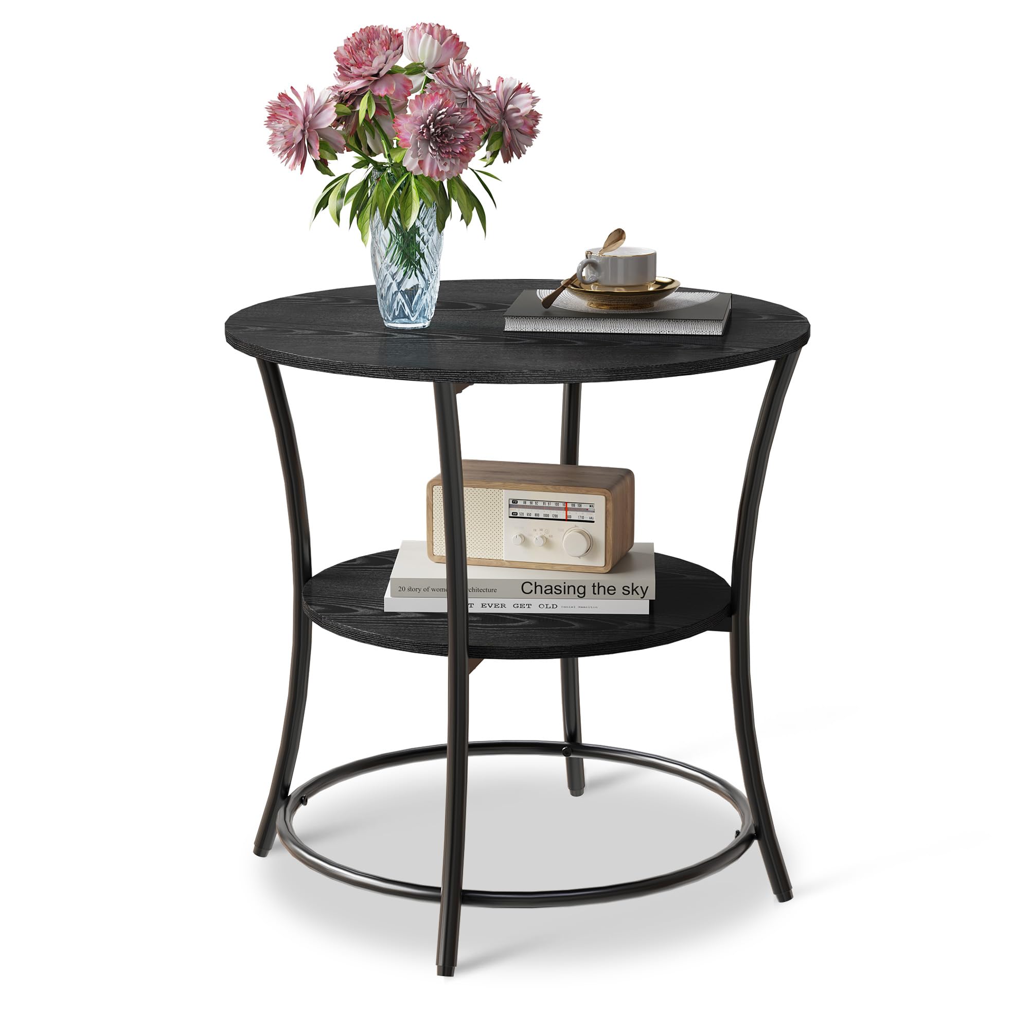 WLIVE Side Table, Round End Table with 2 Storage Shelves for Living Room, Bedroom, Nightstand with Steel Frame for Small Spaces, Accent Coffee Table, Greige