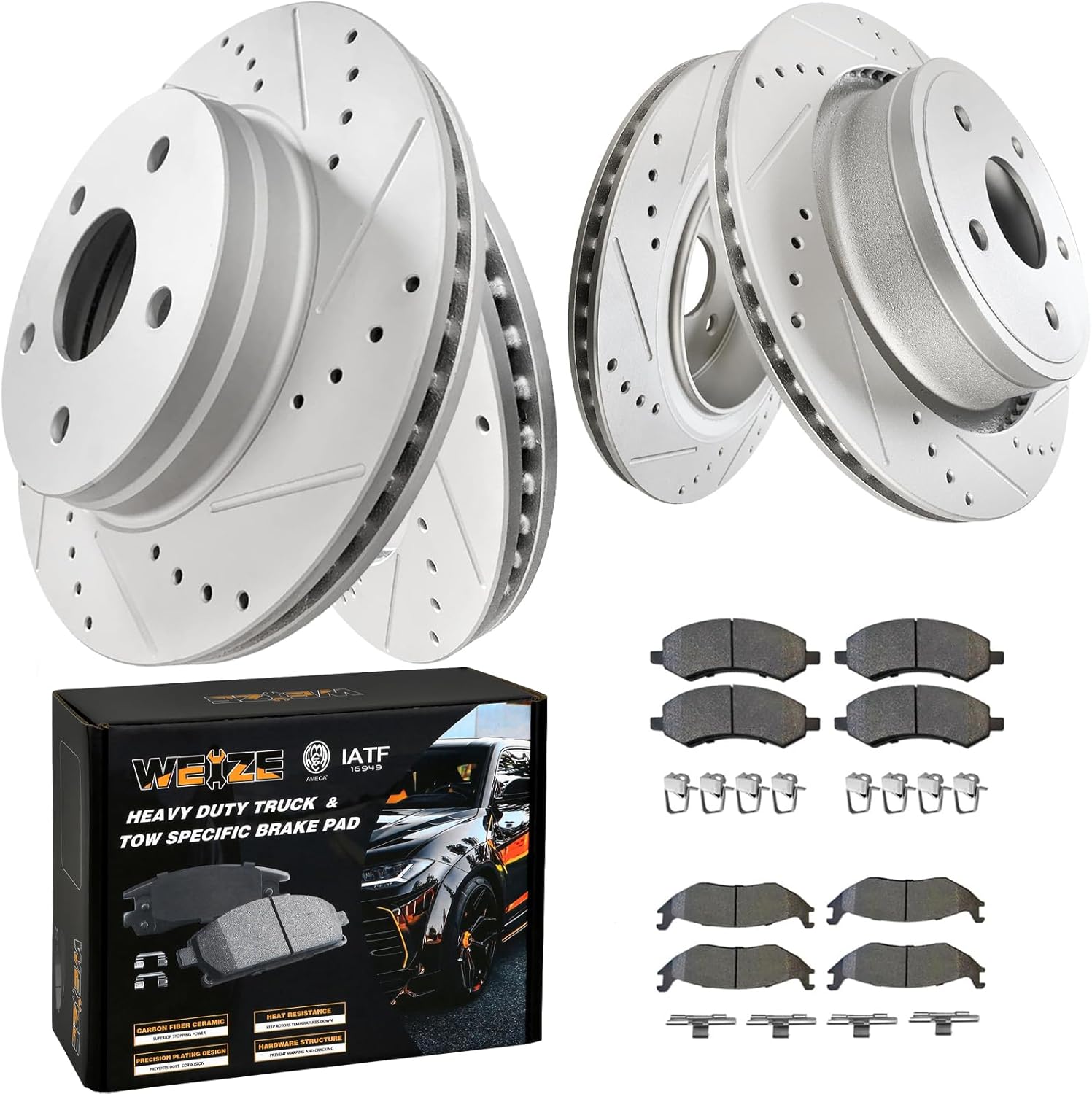 WEIZE Front +Rear Truck & Tow Brake Kit, Carbon Fiber Ceramic Brake Pads & Drilled/Slotted Brake Rotors, Fit for Dodge Ram 1500 & Classic Durango Chrysler Aspen, 5 Lug