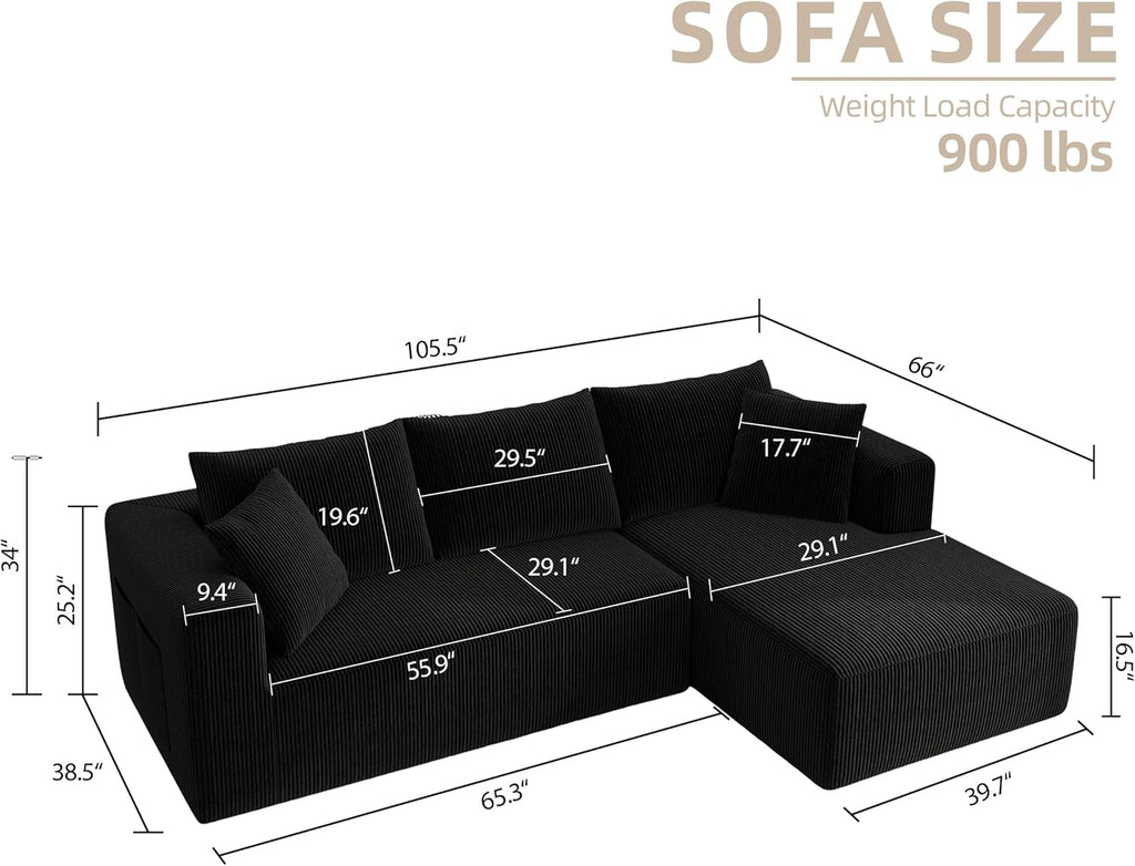 Sectional Couches for Living Room, 5 Seat Sofa Couch with Corduroy Fabric, L-Shaped Cloud Sofa Set with 5 Pillows, No Assembly High-Density Sponge Sofa for Apartment, Black