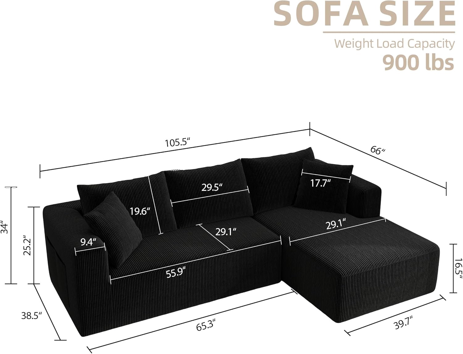 Sectional Couches for Living Room, 5 Seat Sofa Couch with Corduroy Fabric, L-Shaped Cloud Sofa Set with 5 Pillows, No Assembly High-Density Sponge Sofa for Apartment, Black
