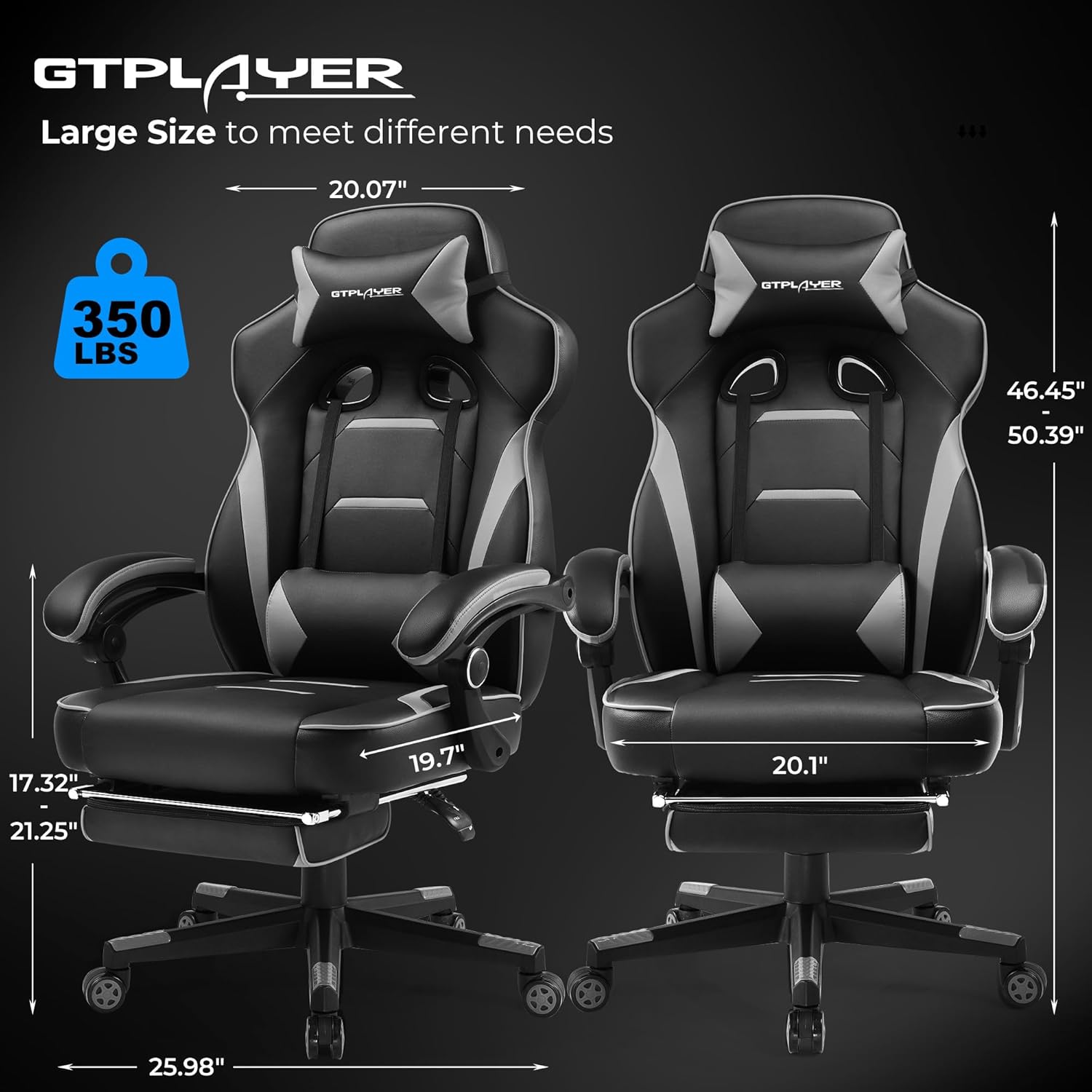 GTPLAYER Gaming Chair with Footrest, Big and Tall Computer Game Chair 350lb Racing Style, Ergonomic High Back Lumbar Support and Recliner, Moon Gray