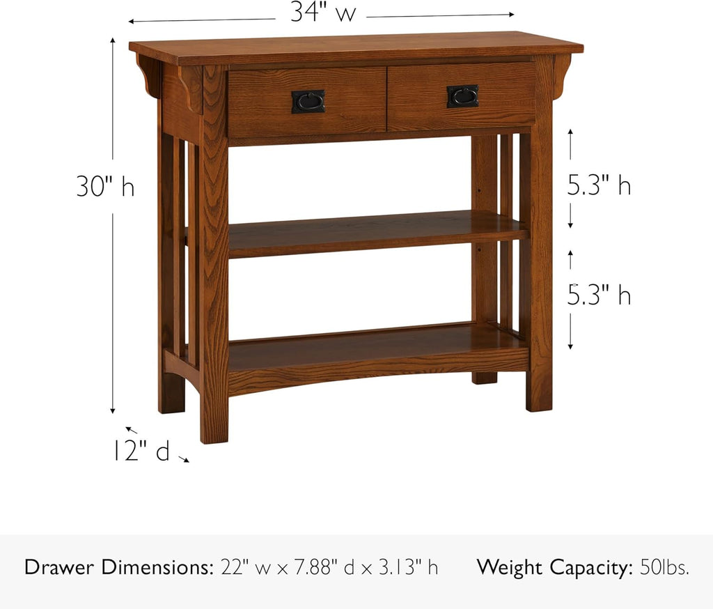 Leick Home Mission Impeccable Bookshelf, Solid Wood, 2 Drawers, 2 Shelves, Slatted Sides, Blackened Hardware, Easy Assembly, Russet Brown, 12 in D x 34 in W x 30 in H, Item 8261