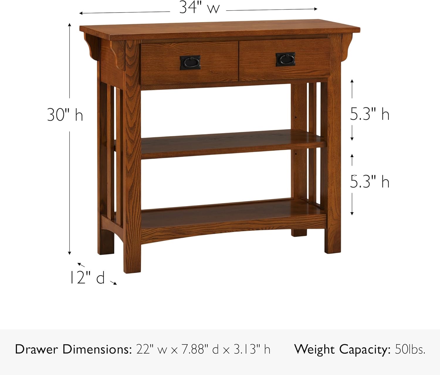 Leick Home Mission Impeccable Bookshelf, Solid Wood, 2 Drawers, 2 Shelves, Slatted Sides, Blackened Hardware, Easy Assembly, Russet Brown, 12 in D x 34 in W x 30 in H, Item 8261
