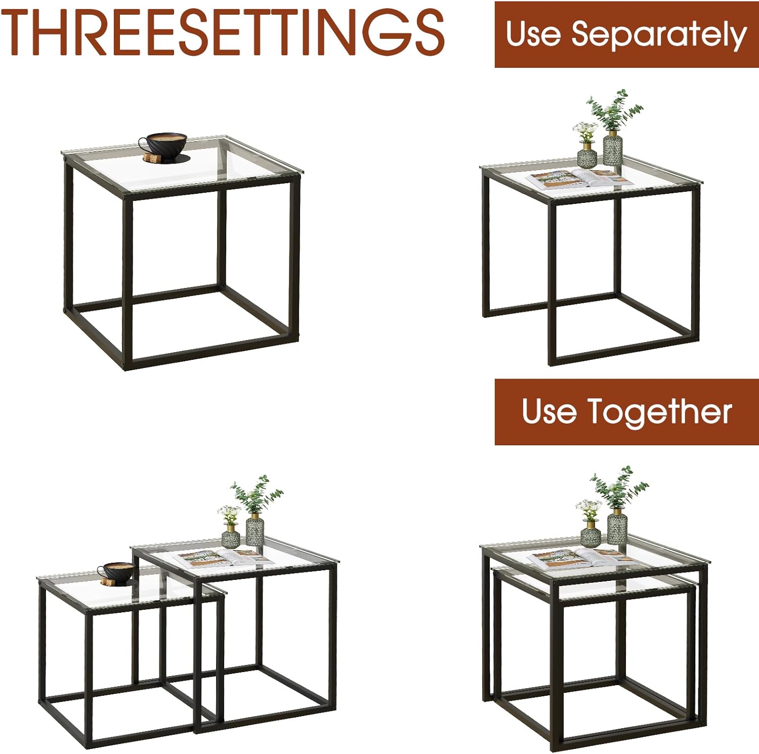 VILAWLENCE Coffee Table Set of 2, Modern Black Glass Side Table, Metal Frame Square End Table, Center Tables,Nesting Coffee Table for Living Room,Bedroom and Small Spaces