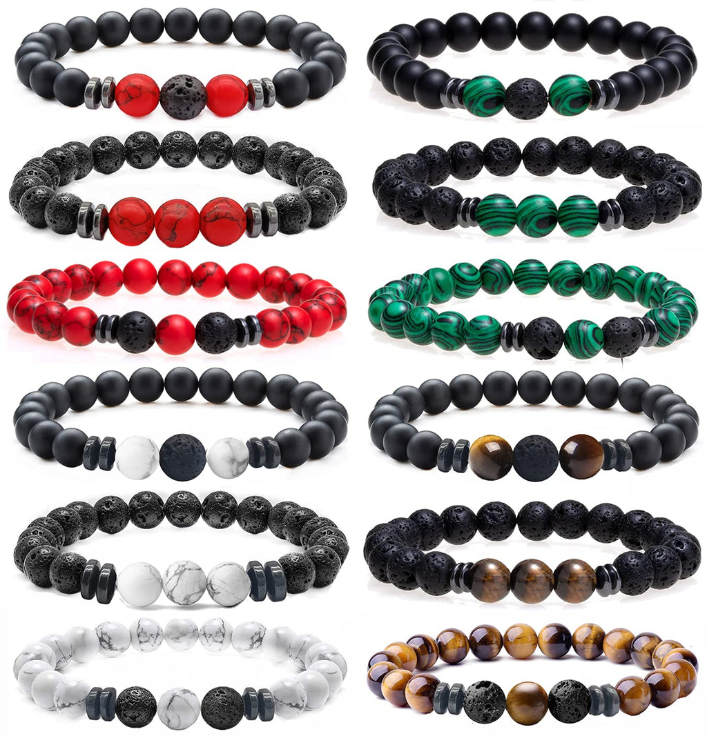 MOZAKA 12Pcs 8mm Natural Stone Lava Rock Beaded Bracelets for Men Women Tiger Eye Hematite Black Onyx Matte Beads Essential Oil Diffuser Lava Stone Bead Bracelets Bulk