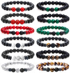 MOZAKA 12Pcs 8mm Natural Stone Lava Rock Beaded Bracelets for Men Women Tiger Eye Hematite Black Onyx Matte Beads Essential Oil Diffuser Lava Stone Bead Bracelets Bulk