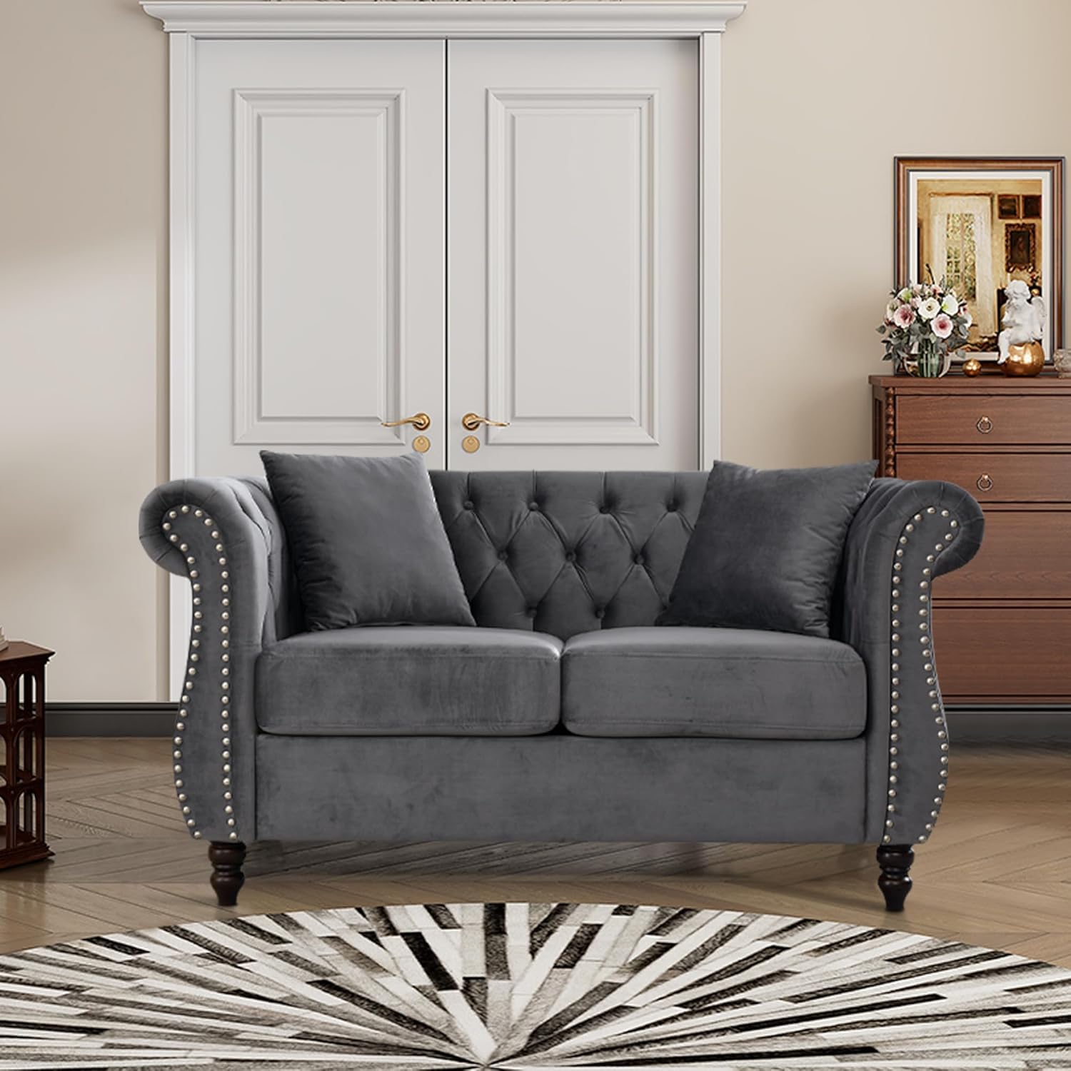 59" Chesterfield Loveseat Velvet Sofa for Living Room,2-Seater Sofa Tufted Couch with Two Pillows,Rolled Arms and Nailhead for Living Room, Bedroom, Office Grey
