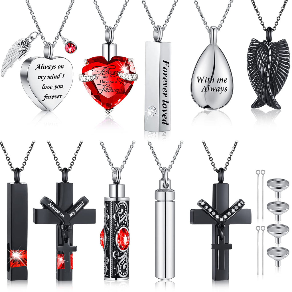 Jexine 10 Pcs Urn Necklace For Ashes Cremation Jewelry Wings Tear Drop Cross Crystal Ashes Necklace Stainless Steel Zircon Memorial Locket Vertical Bar Heart Waterproof Keepsake For Men