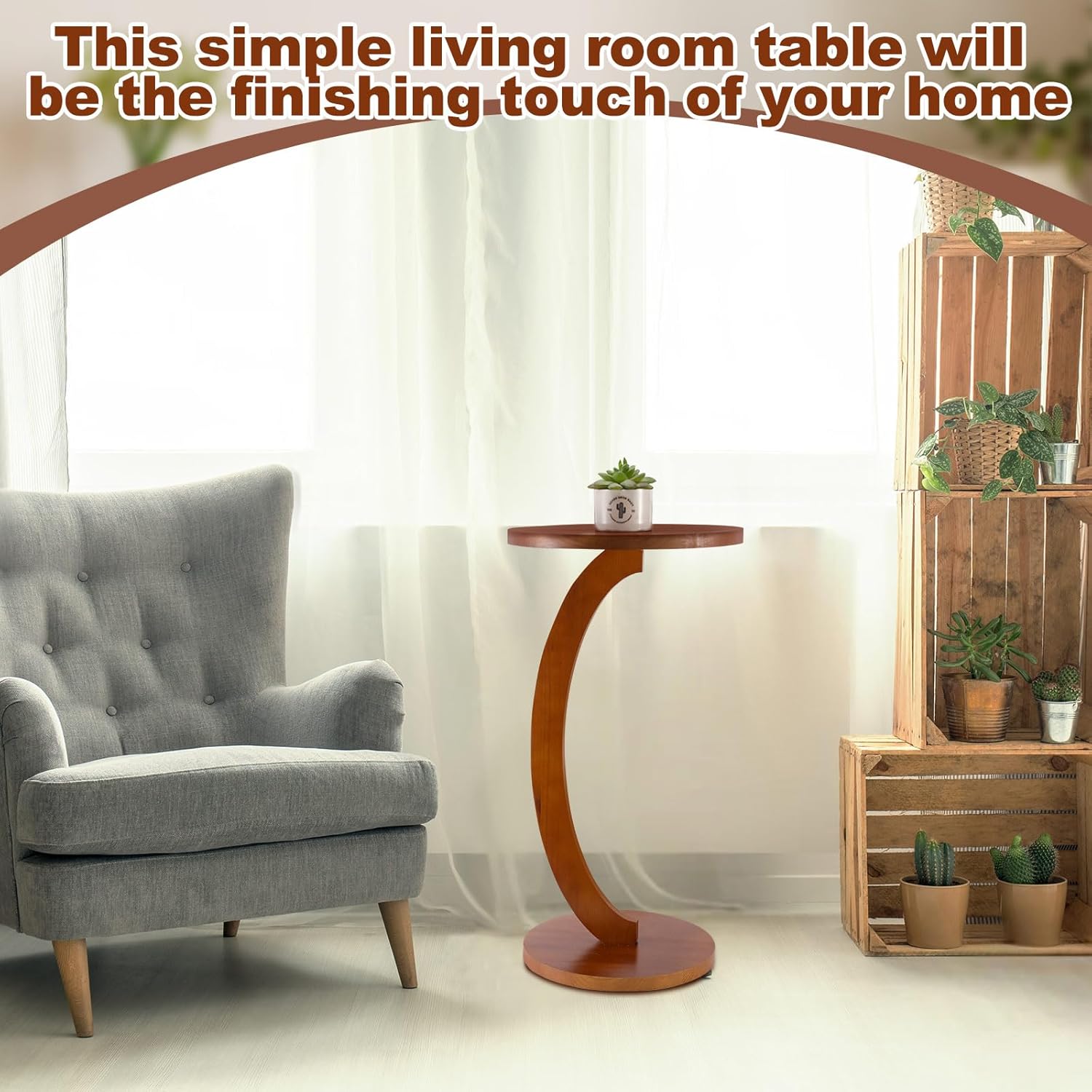 Leinuosen C Shaped Round End Table Solid Wood Handmade Side Table for Couch, Sofa, Living Room, Coffee and Eating Snack Tray (C Shaped Round,13.39 x13.39 x 23.43 Inch)