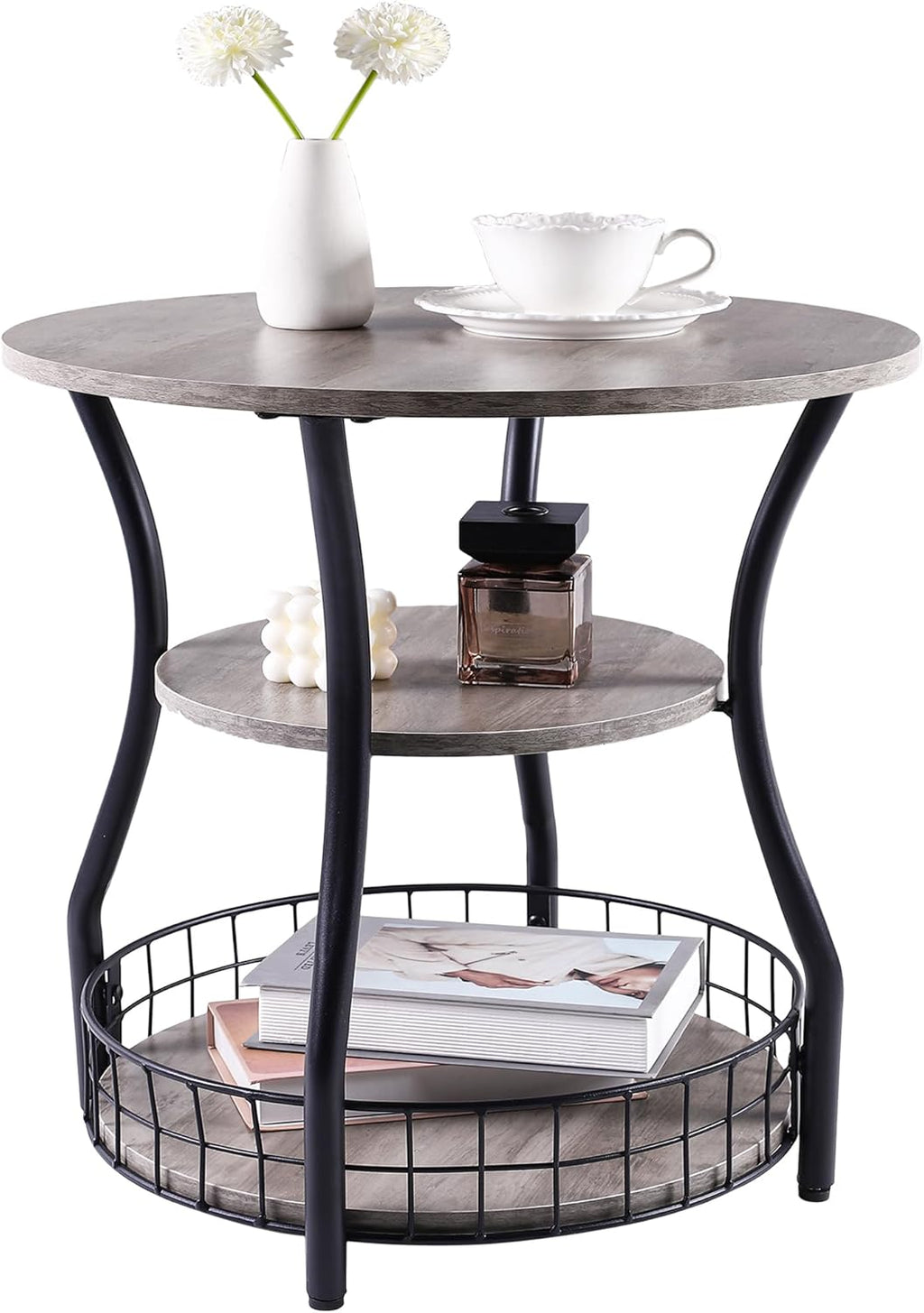 Small Side Table Round End Table with Storage Shelf Basket, 3-Tier Accent Corner Sofa Couch Side Tables Coffee Drink Table for Small Spaces,Round Nightstand for Living Room, Bedroom, Greige