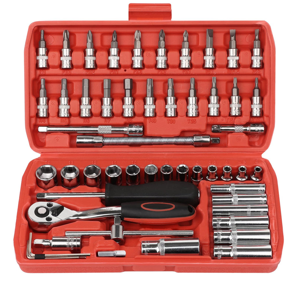 Egofine 46 Pieces 1/4 inch Drive Socket Ratchet Wrench Set, with Bit Socket Set Metric and Extension Bar for Auto Repairing and Household, with Storage Case