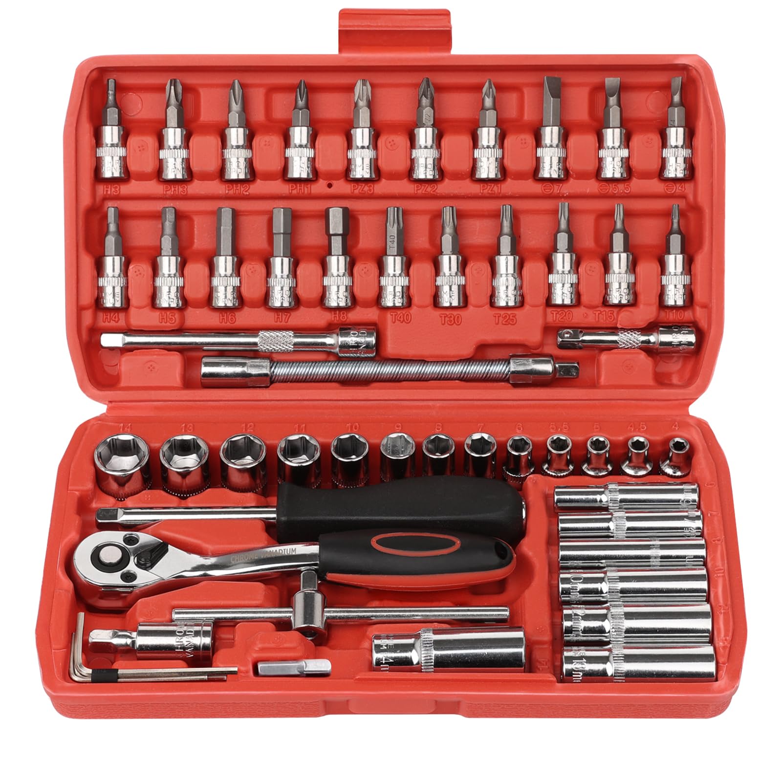 Egofine 46 Pieces 1/4 inch Drive Socket Ratchet Wrench Set, with Bit Socket Set Metric and Extension Bar for Auto Repairing and Household, with Storage Case