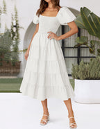 ZESICA Women's 2025 Summer Square Neck Short Puff Sleeve Solid Color High Waist Casual Smocked Flowy A Line Tiered Midi Dress,White,Small