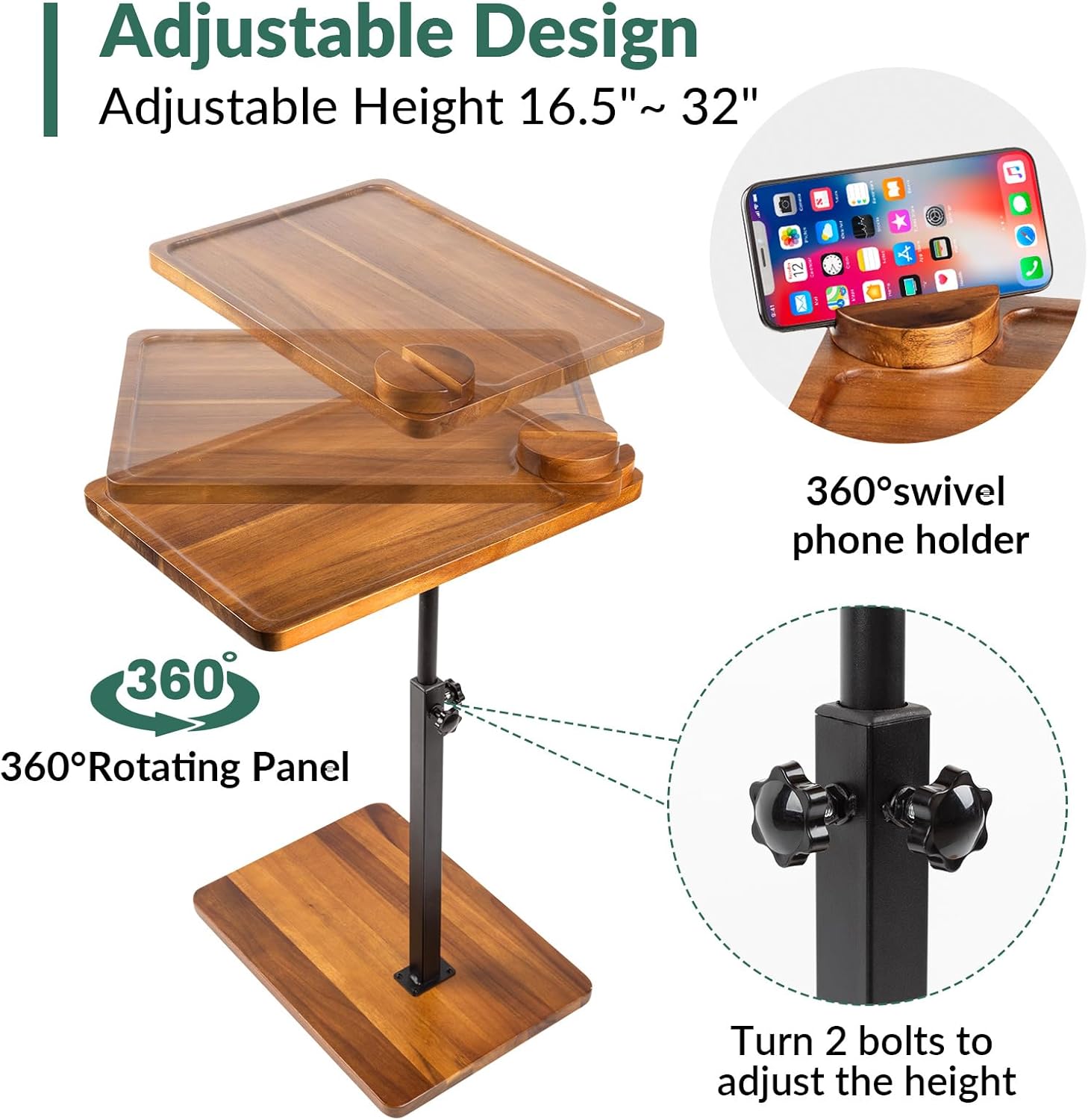 Solid Wood Acacia Wood Couch Table,360° Swivel Height Adjustable C Table with Phone & Tablet Stand,TV Trays for Eating on Couch, Bedroom or Livingroom, Oblong.