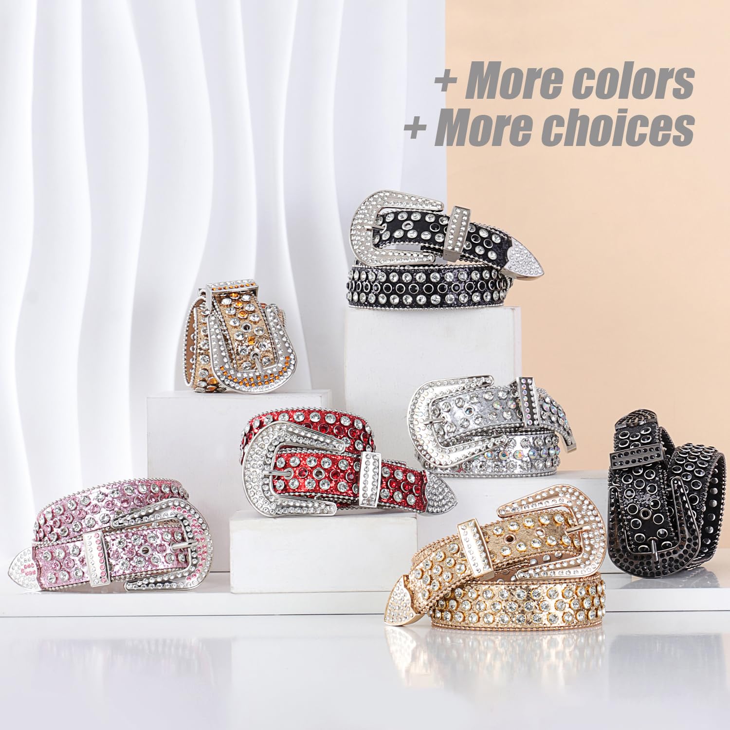 FIORETTO Men Women Rhinestone Belt Bling Shining Diamond Cowgirl Cowboy Western Studded Leather Belt Waist Belt for Jeans Pants Black Silver