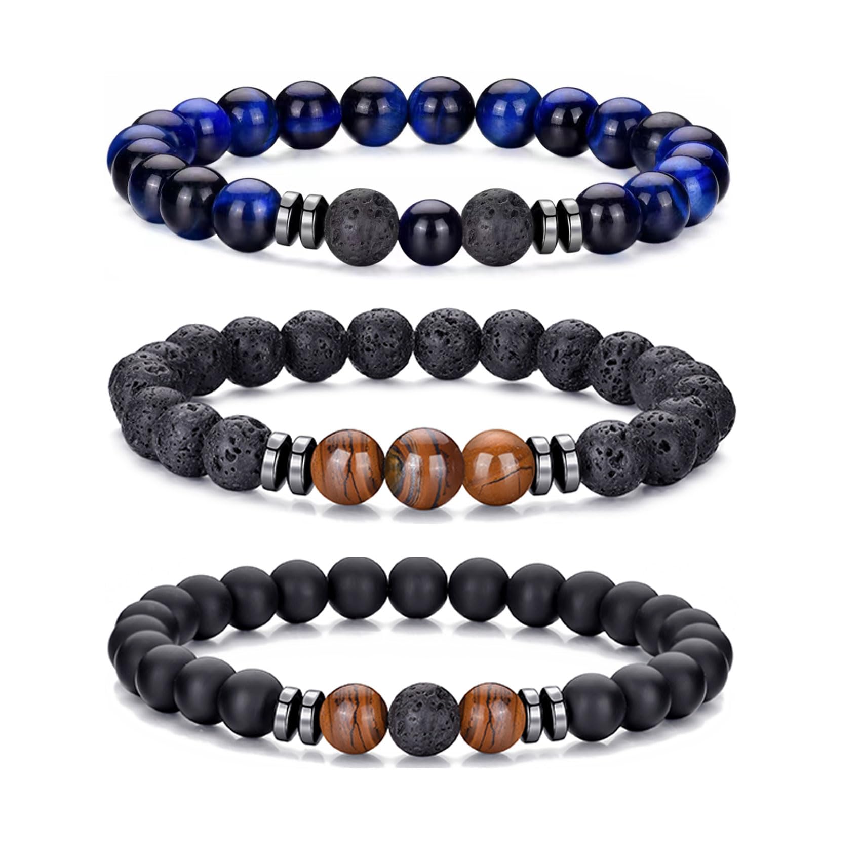RANKEEF Tiger Eye Bracelet For Men 8MM Natural Stone Stretch Adjustable Black Crystal Beaded Bracelet for Men Women Gifts