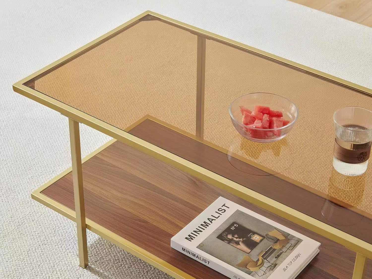 Modern Rectangle Glass Coffee Table with Amber Glass Top, Rectangle Glass Table for Living Room, L41''×W19''×H18'', Gold Table Legs Structure & Amber Glass Top