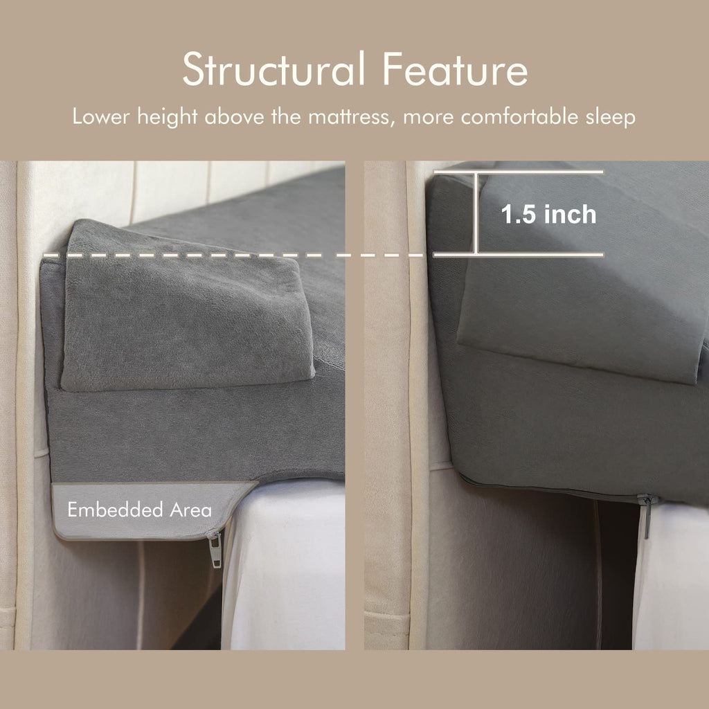 Vekkia Queen Bed Wedge Pillow for Headboard Gap Filler(0-5"),High-Density Foam,Prevents Pillows & Items from Falling,Ergonomic Design,Large Storage Pockets, Removable&Washable Cover,Gray,60''x10 x6