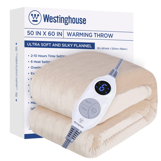 Westinghouse Electric Blanket Queen Size, Super Cozy Soft Flannel 84" x 90" Heated Blanket with 10 Fast Heating Levels & 1-12 Auto-Off, Machine Washable, ETL&FCC Certification, Beige