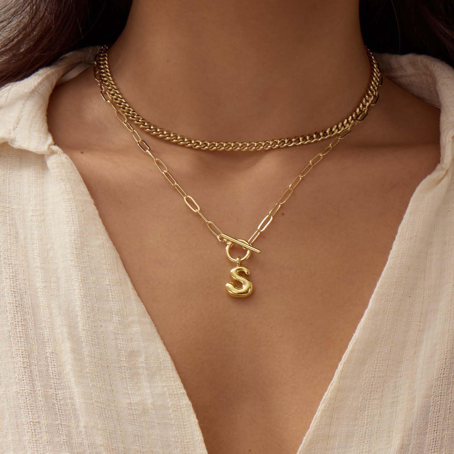 Bubble Letter Necklace Gold Layered Initial Necklaces for Women Dainty Cuban Chain Choker Necklace 14K Gold Plated Letter Necklace Personalized Name Necklace Cute Jewelry Gifts