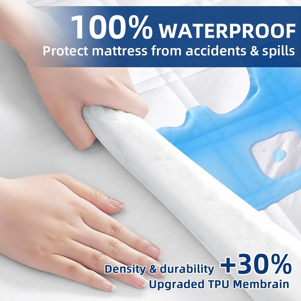 MEELUS Padded Queen Mattress Protector, Breathable Waterproof Mattress Pad Cover Fitted Deep Pocket 8"-21", Soft Noiseless Mattress Cover Washable Cooling for Home Hotel Bedroom, White