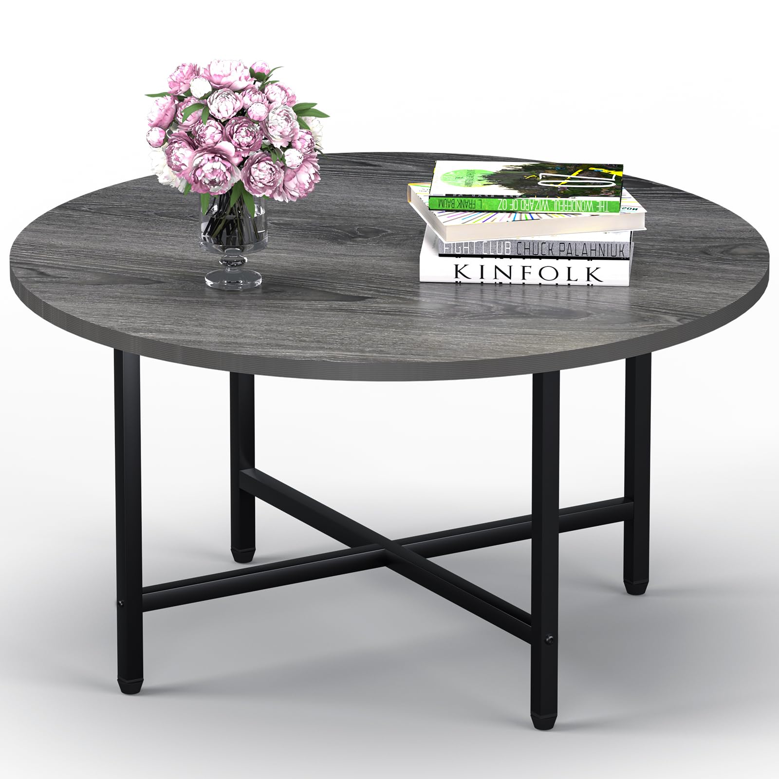 Coffee Table, 23.6" Coffee Tables for Living Room, Round Coffee Table with Metal Frame, Floor Table for Sitting on The Floor, Home, Office, Black