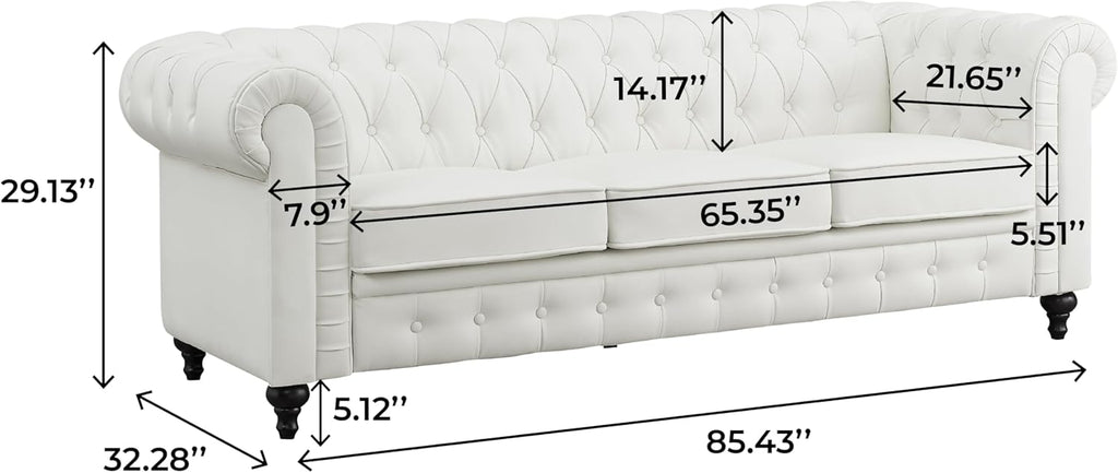 Naomi Home Emery Chesterfield Sofa with Rolled Arms, Tufted Cushions / 3 Seater Sectional Sofa Couch for Small Spaces, Living Room, Bedroom, Apartment Easy Tool-Free Assembly – Off White