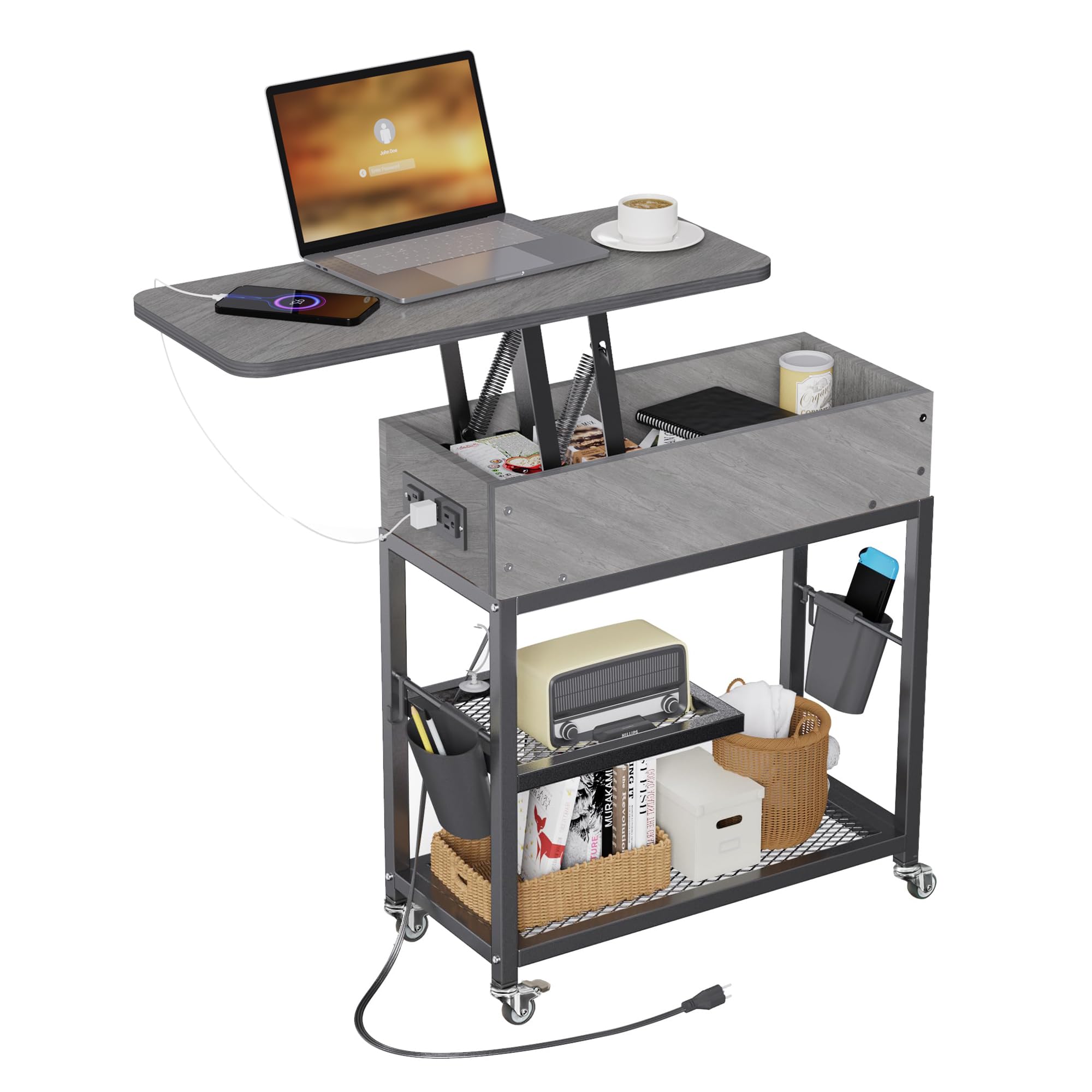 Colima Lift Top End Table with Charging Station and Wheels, Sofa Side Table with USB Port & AC Outlets, Movable Bedside Nightstand with Side Bag for Office Living Room Bedroom(Rustic Wood)