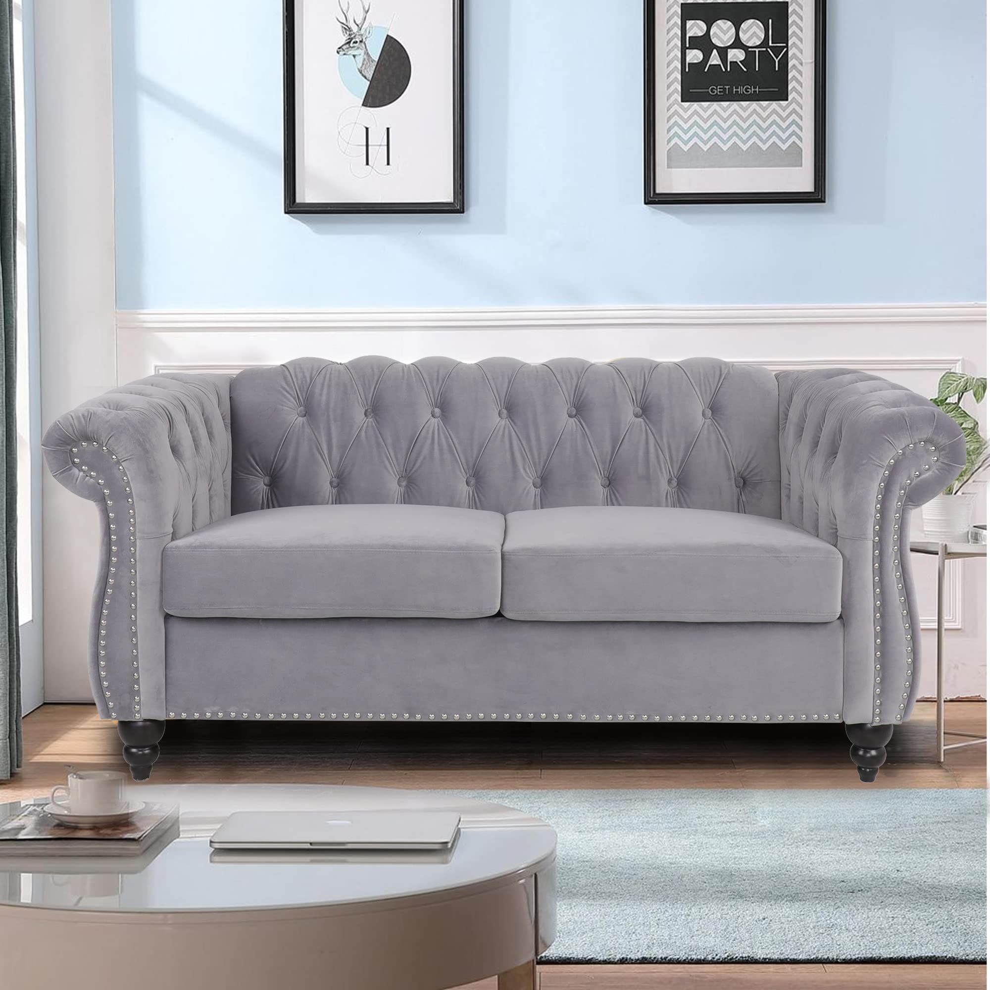 LEVNARY Three-Seat Velvet Sofa, Large Sofa Classic Tufted Chesterfield Settee Modern 3 Seater Couch Furniture Tufted Back for Living Room, Blue