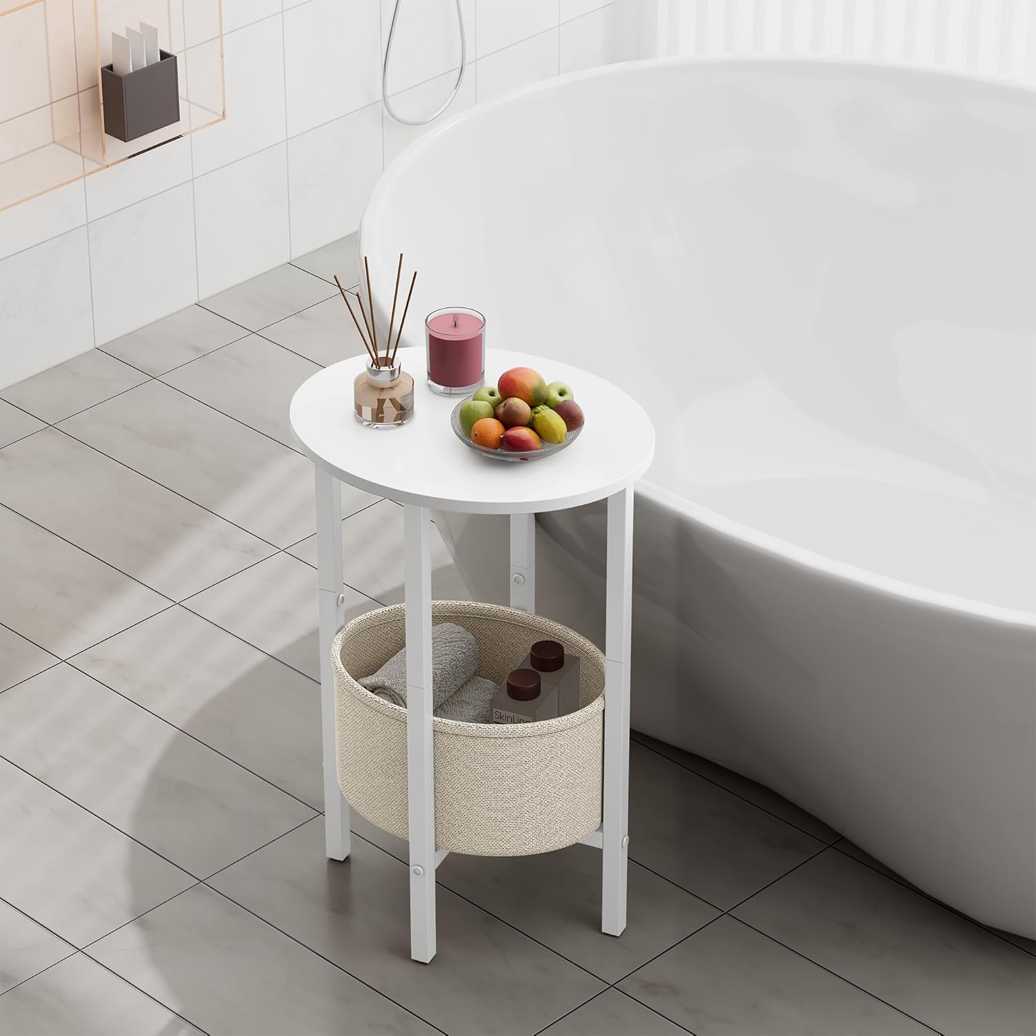 Vagusicc Round Side Table End Table with Storage Basket, Small Side Table Round Nightstand for Small Spaces, Tall Oval End Table with Steel Frame, Coffee Bedside Table for Living Room Bedroom, White