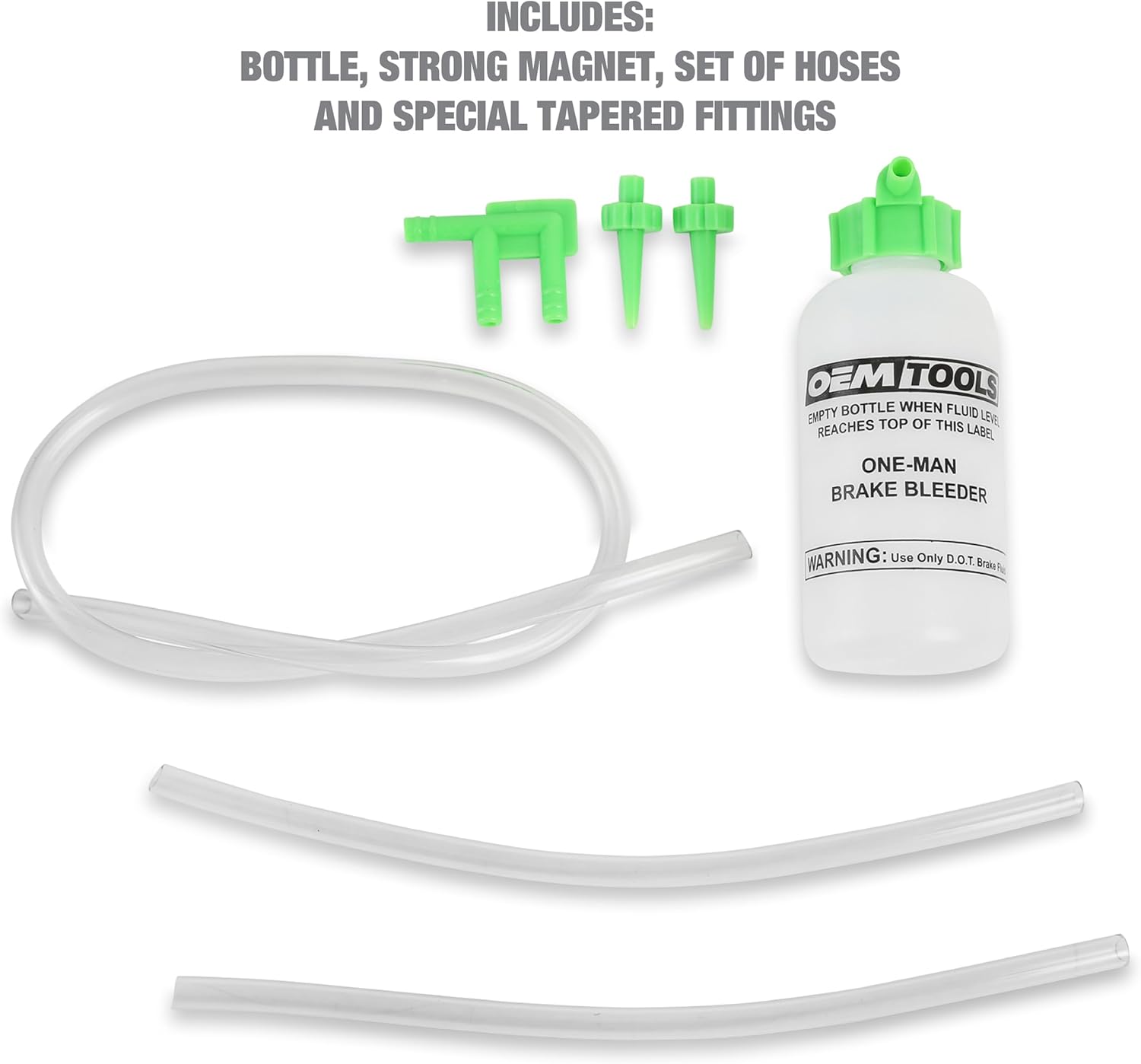 OEMTOOLS 25036 Bleed-O-Matic One-Man Brake Bleeder Kit, Featuring An Opaque Brake Bleed Bottle / Transparent Hoses and Tapered Fittings, No Mess Brake Fluid Bleeding , Multi color(Packaging May Vary)