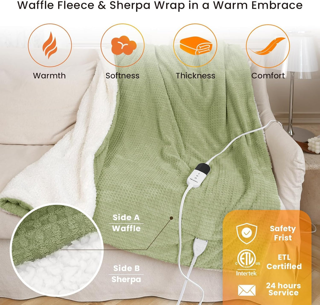 Heated Blanket Electric Throw Waffle, 50x60 Inches Sherpa Fleece Fast Heating Blanket 6 Heating Levels & 4 Hours Auto Off ETL Certification, Sage Green Throw